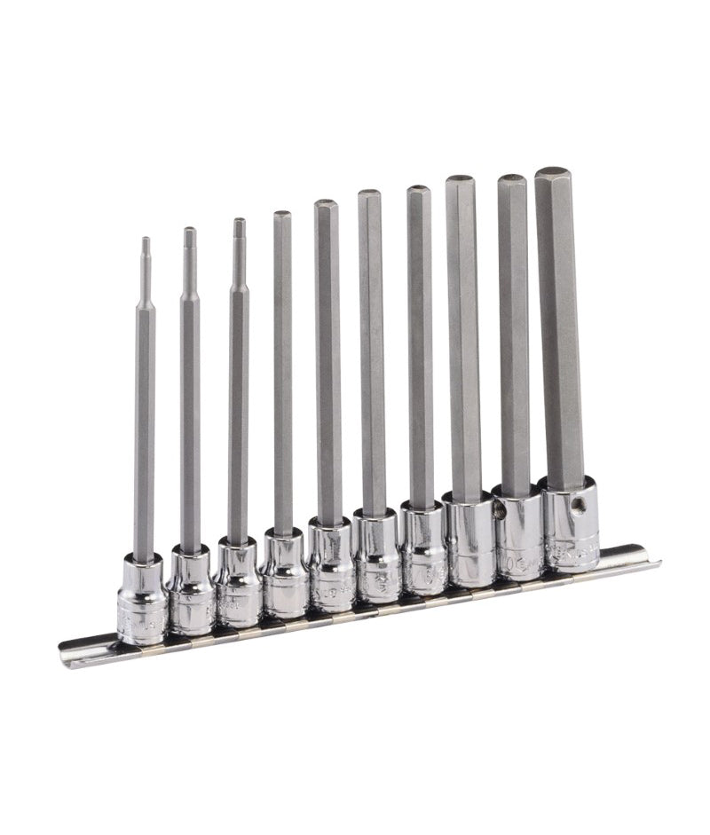 A set of 10 long AF hexagon bit sockets on a metal rail, all 3/8" drive. Contains sizes 1/8" to 1/2". 