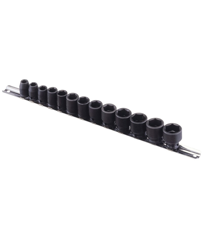 A set of 13 black af impact sockets, all with 3/8" drive and sizes 5/16" to 7/8". Supplied on a metal socket rail.