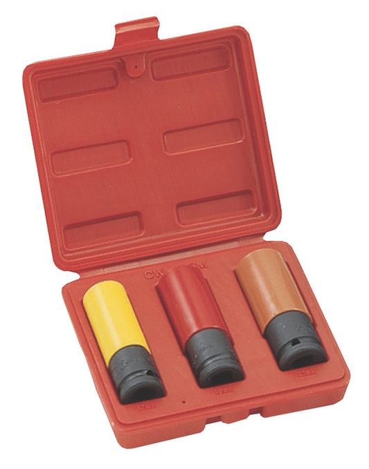 17, 19 & 21mm impact socket set with protective sleeves for alloy wheels. Color-coded & stored in a red plastic case.