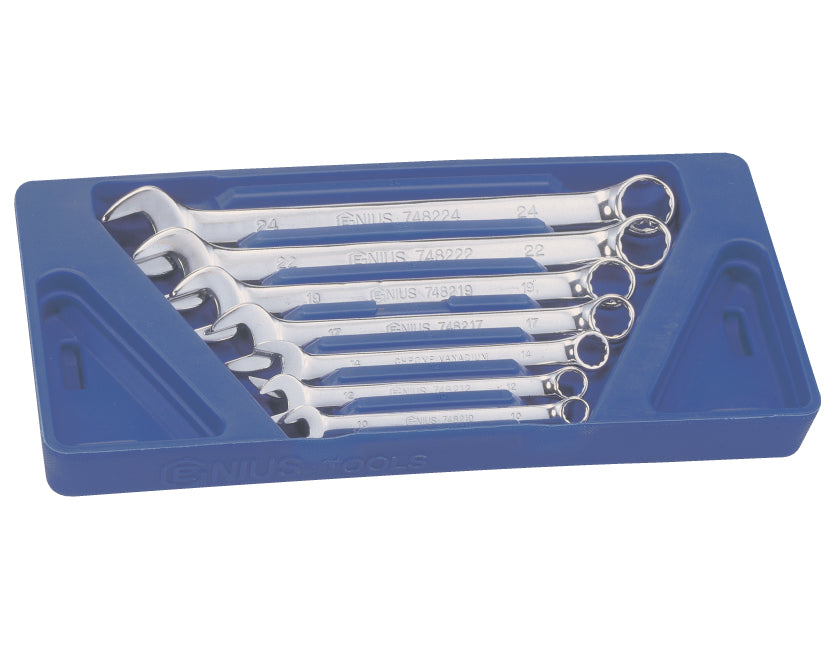 A set of 7 professional quality combination wrenches supplied in a blue plastic storage tray. Contains sizes 10-24mm.