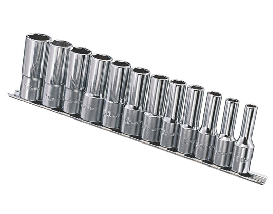 A set of 12 chrome vanadium af sockets supplied on a metal socket rail. Includes sizes 5/16" to 1".