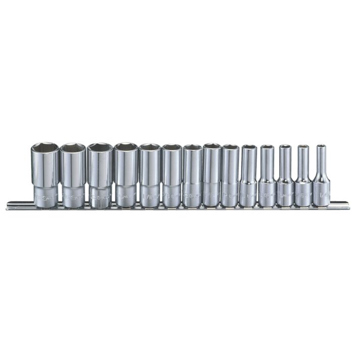 14 chrome vanadium deep af sockets on a metal socket rail. Contains sizes 1/4" to 7/8".