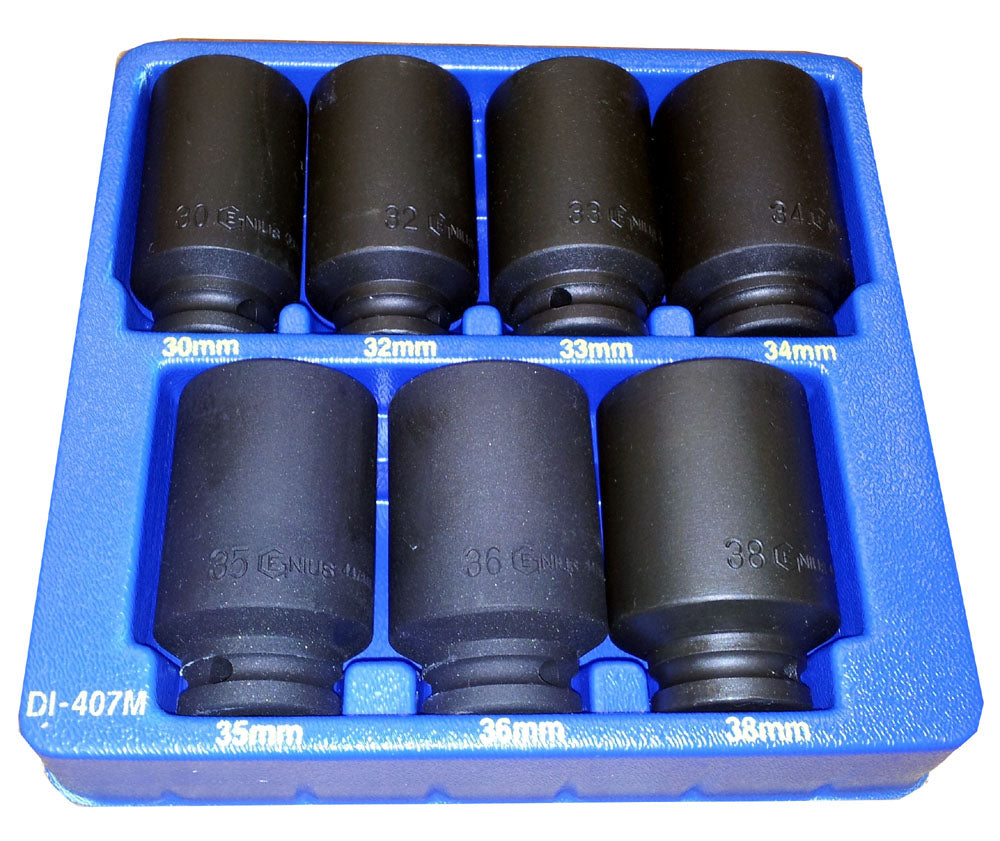 A set of 7 deep black impact sockets for removing hub nuts on vehicles. Includes sizes 30-38mm. Presented in a blue plastic storage tray.