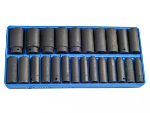 24-piece deep impact socket set, 12-point, 8-36mm metric sizes, 1/2" drive, stored in a blue plastic tray for easy access.