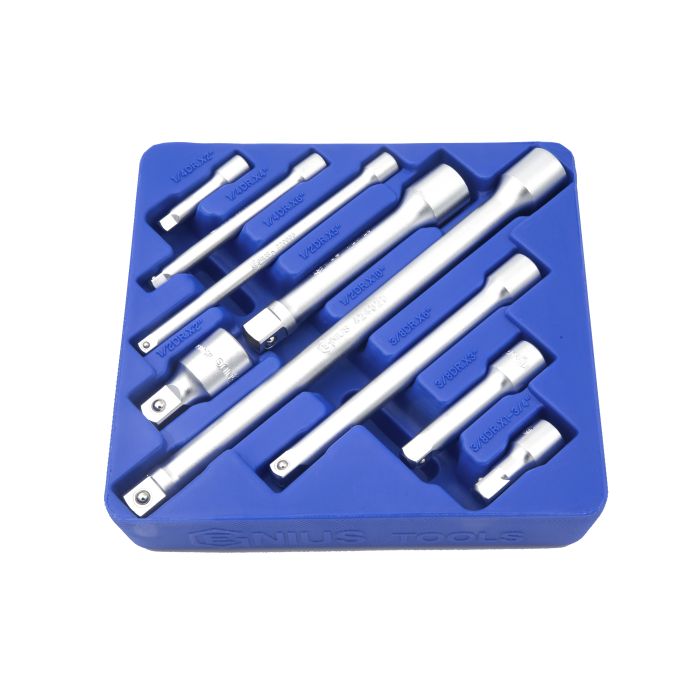 9-piece extension bar set with 1/4", 3/8", and 1/2" drives, organized in a durable blue plastic storage tray.