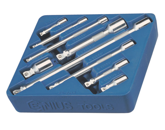 A set of chrome extension bars in 1/4", 3/8" and 1/2" drive sizes. Supplied in a blue plastic storage tray.