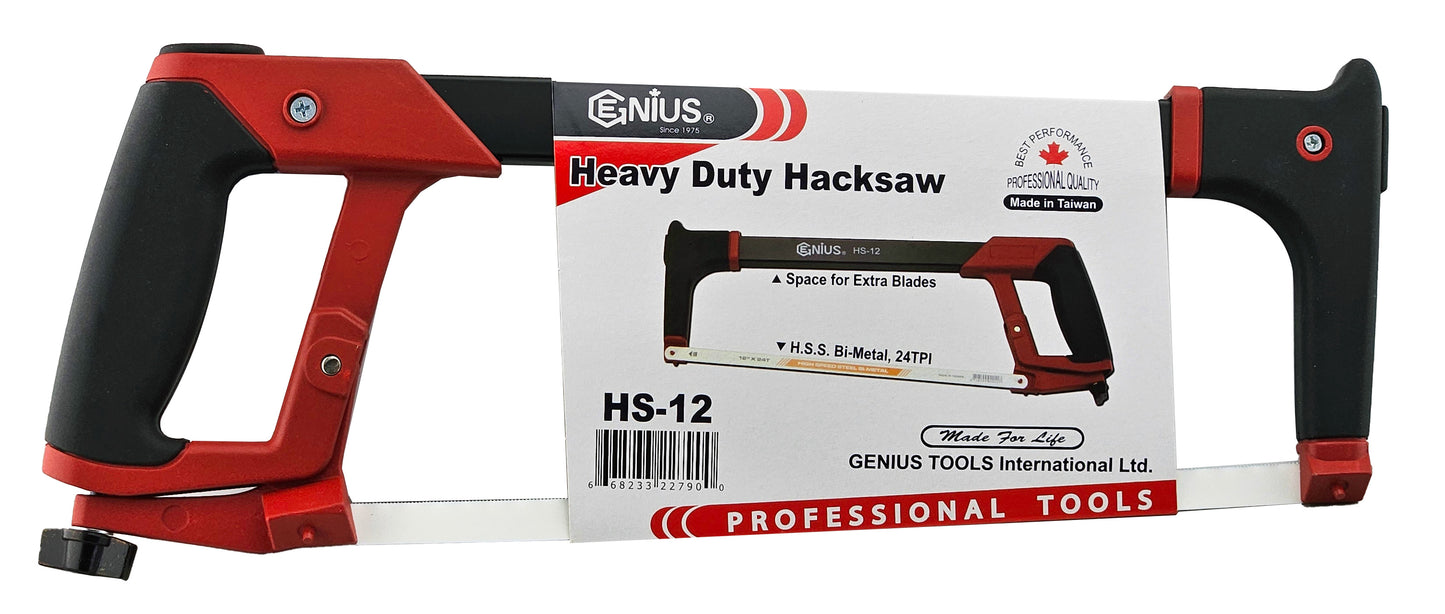 Heavy duty hacksaw with H.S.S Bi-metal 24TPI blade.