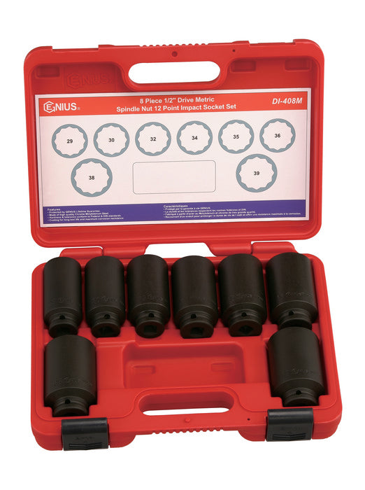 8-piece 12-point metric impact socket set (29-39mm) for hub nuts. Durable, deep sockets in a red plastic storage case.