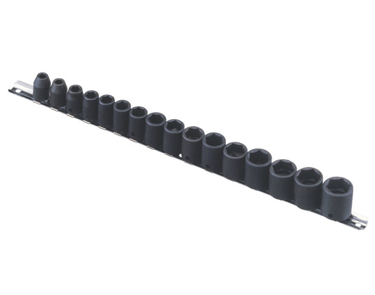 A set of 16 black impact sockets with 3/8" square drive. Contains sizes 7-22mm, supplied on a metal socket rail.