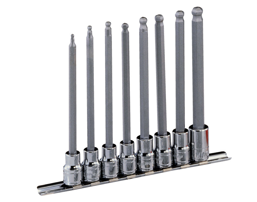 A set of 8 long ball-end hex key sockets on a metal socket rail. Contains sizes 3 to 12mm