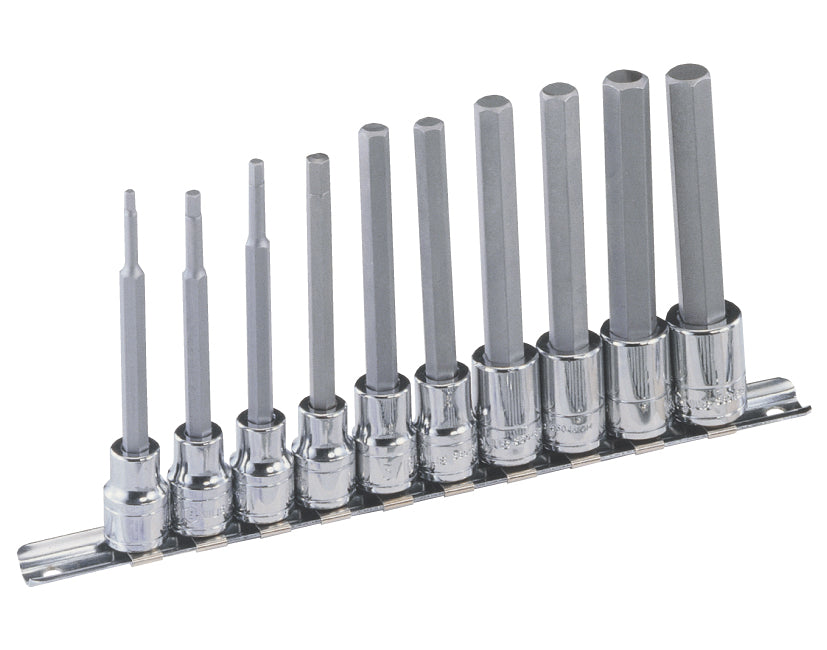 A set of 10 metric long hexagon bit sockets on a metal rail, all 3/8" drive. Contains sizes 3-12mm, 110mm in length.