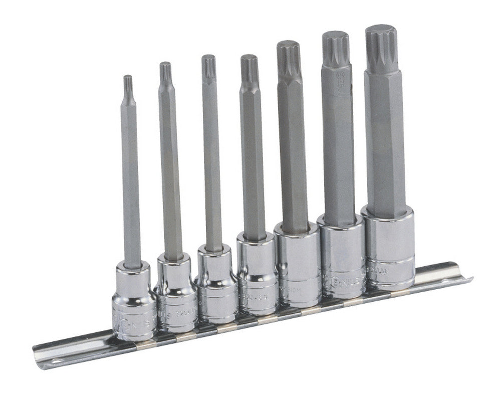 A set of 7 long spline bit sockets with a 3/8" square drive, supplied on a metal socket rail. Contains sizes M4 to M14.