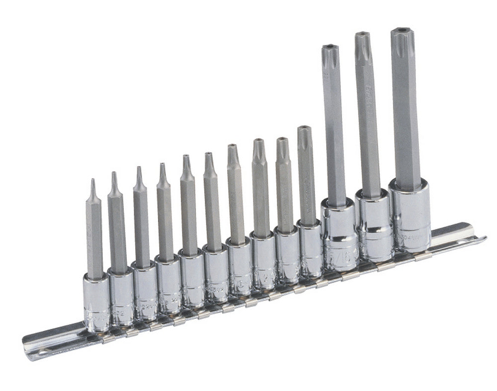 A set of 13 long tamperproof torx bit sockets on a socket rail. Contains sizes T7 to T55.