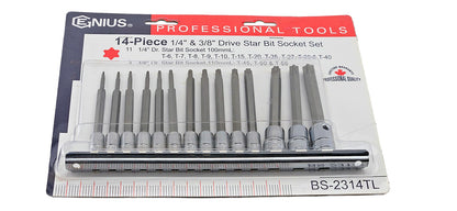 A set of 14 long torx bit sockets on a metal rail. Includes sizes T6 to T55.