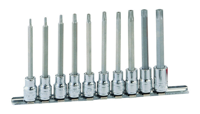 A set of 10 long torx bit sockets on a metal socket rail. They are all 3/8" drive with sizes T10 to T55. Length is 110mm.