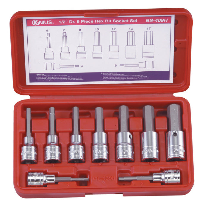 A set of 9 metric hex bit sockets with 1/2" drive supplied in a red plastic storage case. Contains 4 to 17m.