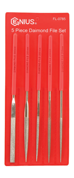 A set of 5 diamond coated needle files supplied in a red plastic wallet.