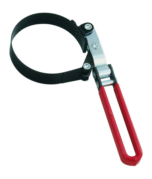 Metal band type oil filter wrench with swivel handle for improved access in tight spaces.