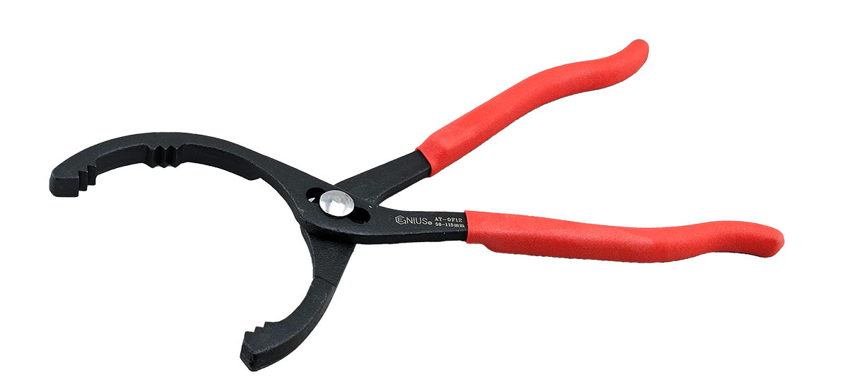 Oil filter removal pliers with red dipped handles. Suitable for vehicle oil filters from 50-115mm.