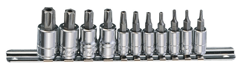 A special 11 piece bit socket set for removing five-pointed tamper-resistant fasteners found on some vehicles. Contains sizes TS8 to TS55.