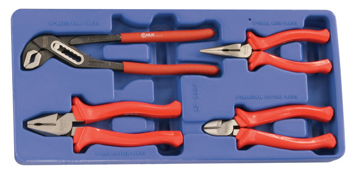 A set of 4 pliers from Genius Tools supplied in a blue plastic storage tray. Contains water pump, combination, diagonal cutters & long nose.