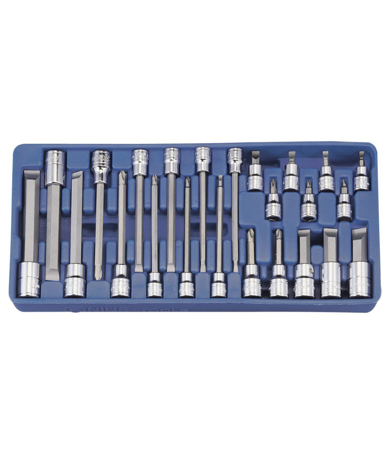 a set of 24 phillips & slotted bit sockets, supplied in a blue plastic storage tray. Contains slotted sizes 4 to 16mm and Phillips sizes PH1 to Ph4.