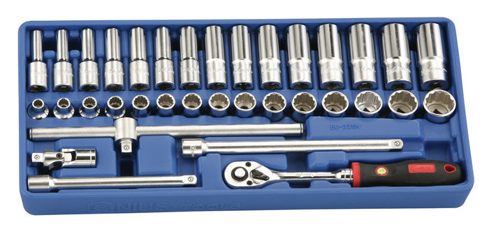 A set of 3/8" drive tools, presented in a blue plastic storage tray. The set includes sockets, ratchet, extension bars, UJ & T-bar.