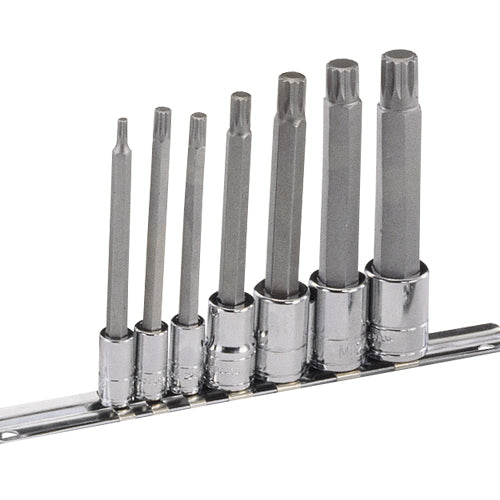 A set of seven chrome spline bit sockets supplied on a socket rail and includes sizes M4-M14.