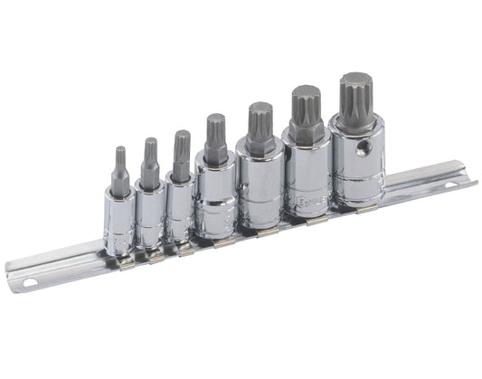 A 7 piece spline bit socket set on a socket rail. Contains sizes M4 to M14.