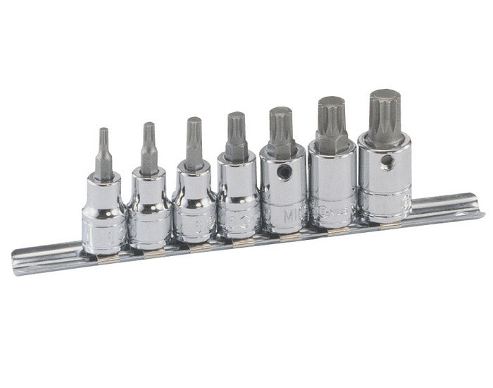 A set of 7 spline bit sockets with a 3/8" square drive, supplied on a metal socket rail. Contains sizes M4 to M14.