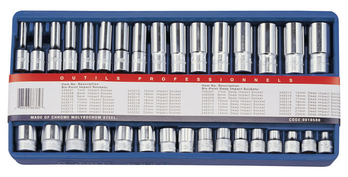 32-piece metric socket set with standard and deep sockets (7-22mm) in a blue plastic storage tray for easy organization.