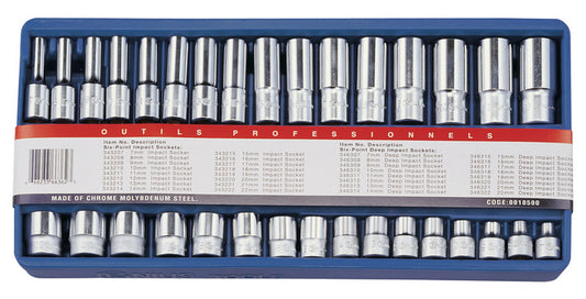 32-piece metric socket set with standard and deep sockets (7-22mm) in a blue plastic storage tray for easy organization.