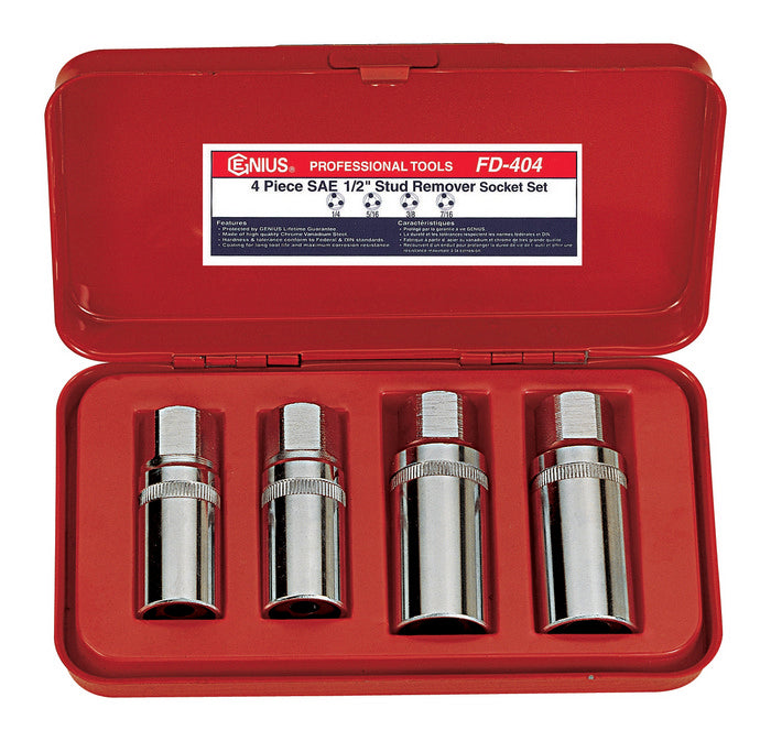 A set of four AF stud removers presented in a red storage case.