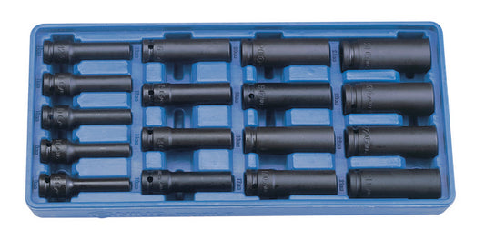 17-piece thin-wall impact socket set, 12-point, 8-24mm metric sizes, 1/2" drive, stored in a blue plastic tray for easy access.