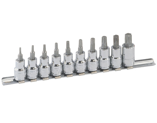 A set of 10 torx bit sockets on a metal socket rail. They are all 3/8" drive with sizes T10 to T55.