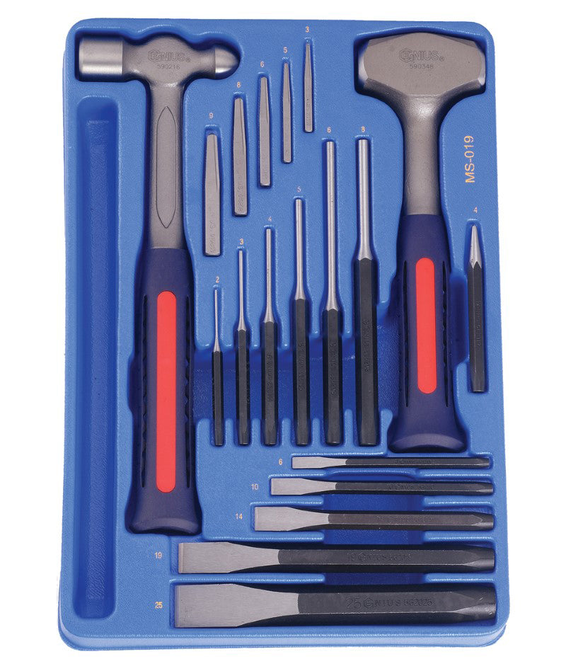 19Pc Metric Punch & Chisel Set With Hammer & Extractors Genius Tools Ms-019