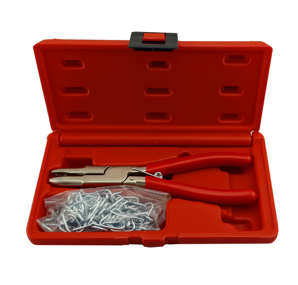 A pair of specialist hog ring pliers with red PVC grips and a bag of hog ring clips. Supplied in red plastic case.