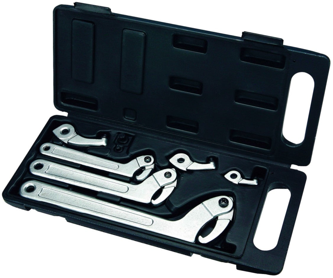 A set of 3 hook & pin c spanners with interchangeable jaws, supplied in a black plastic carry case.