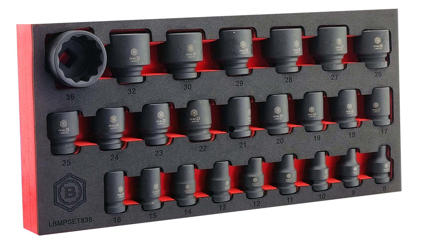 Socket set with 25 black CR-MO impact sockets (8-36mm) in a foam tray labelled 'LBMPSET836'.