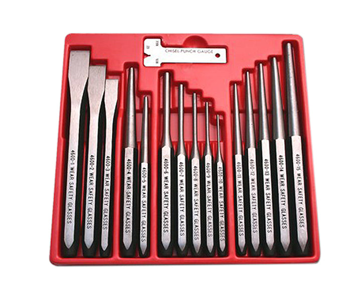 A mixed set of punch and chisels supplied in a red disposable plastic tray.